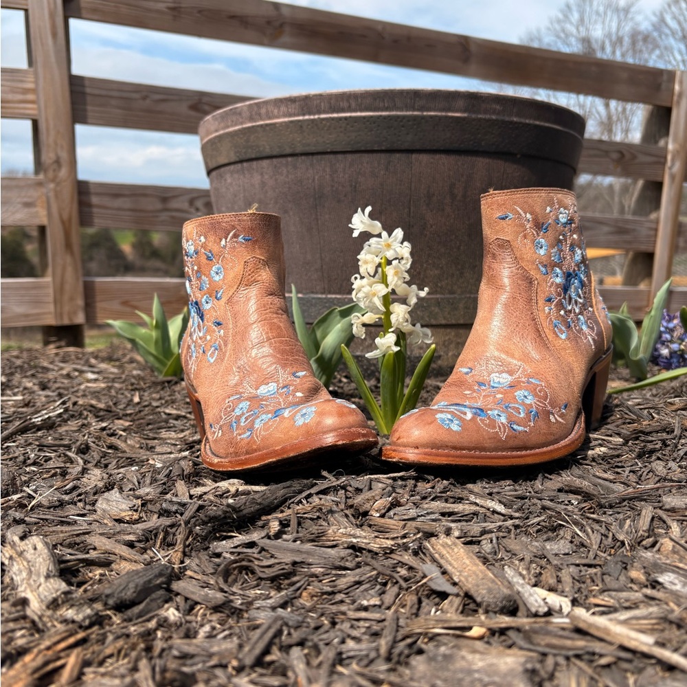 Shyanne Brown Leather Ankle Booties with Blue Floral Embroidery
